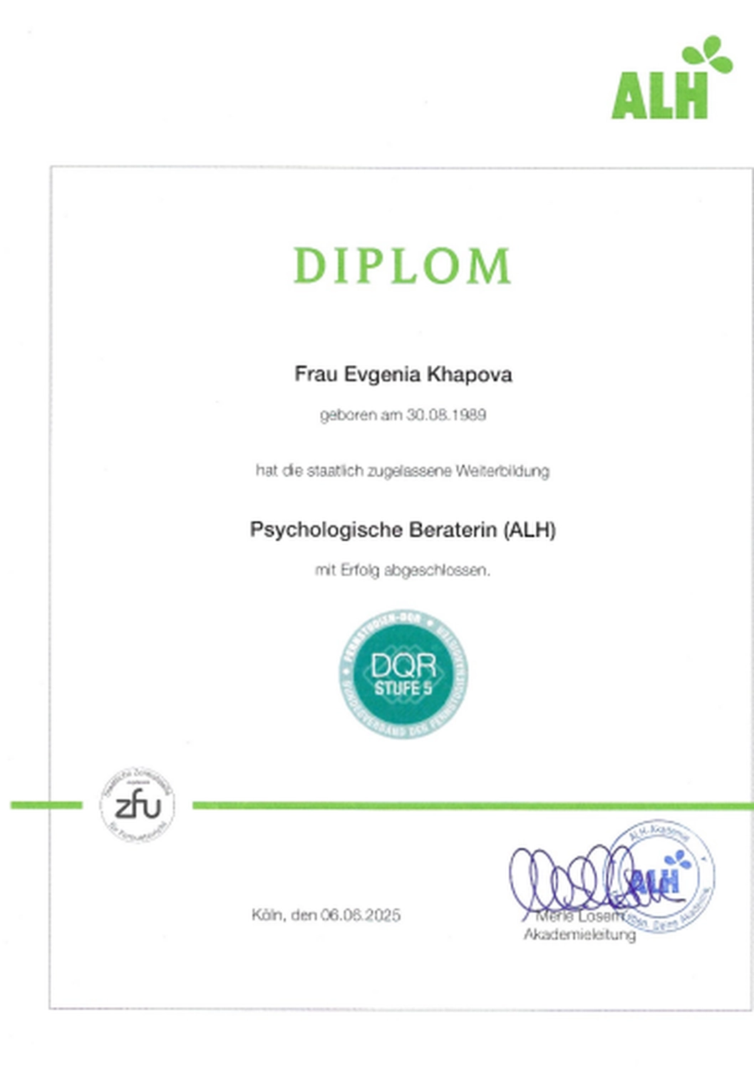 Khapova - Psychologische Beratung - Zertifikat