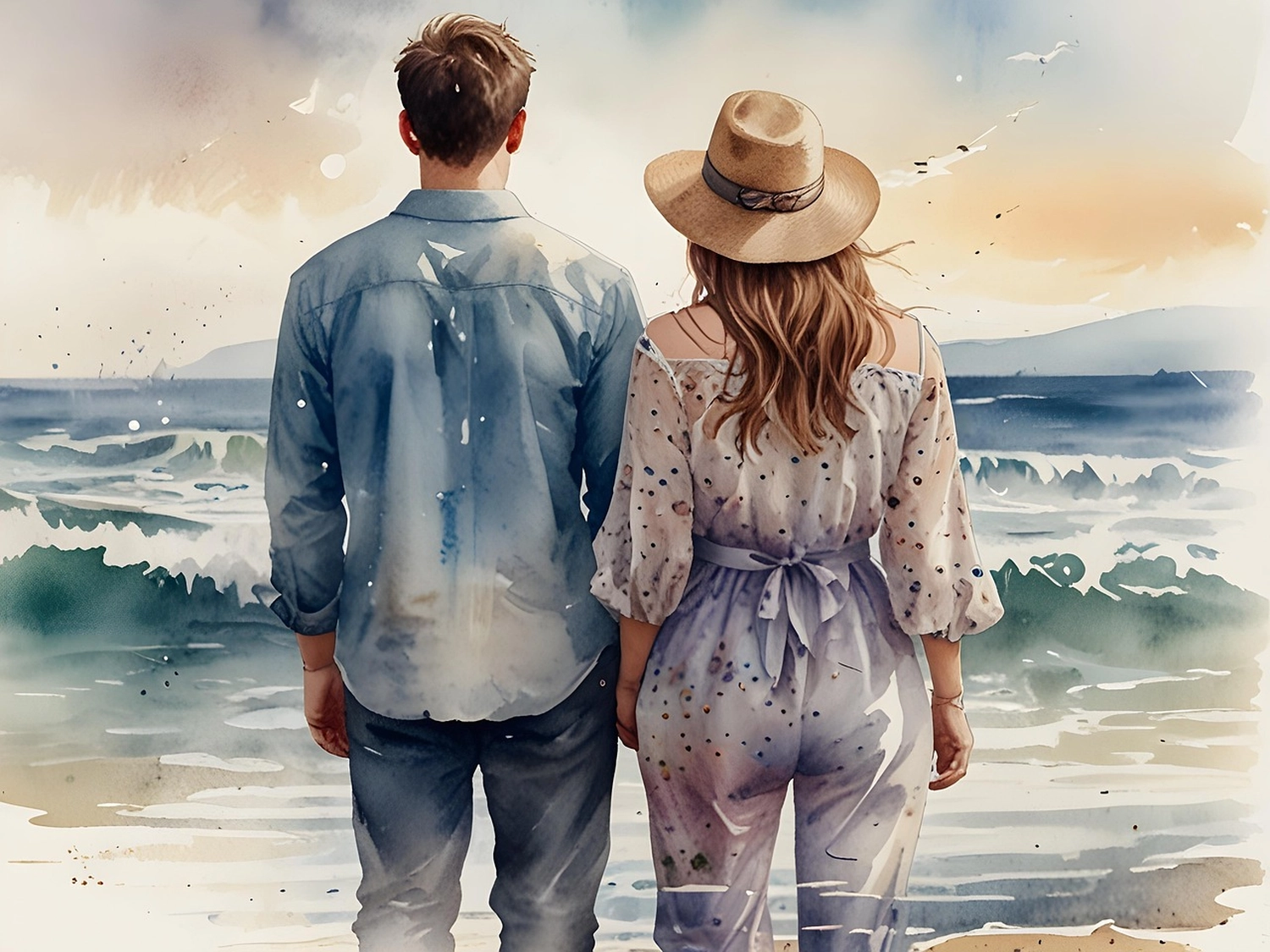 Khapova - Psychologische Beratung - Ein Paar, von hinten gesehen, steht am Strand und blickt aufs Meer und die fernen Hügel hinaus.