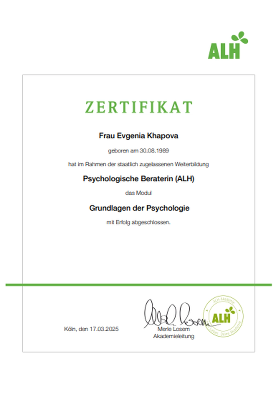 Khapova - Psychologische Beratung - Zertifikat