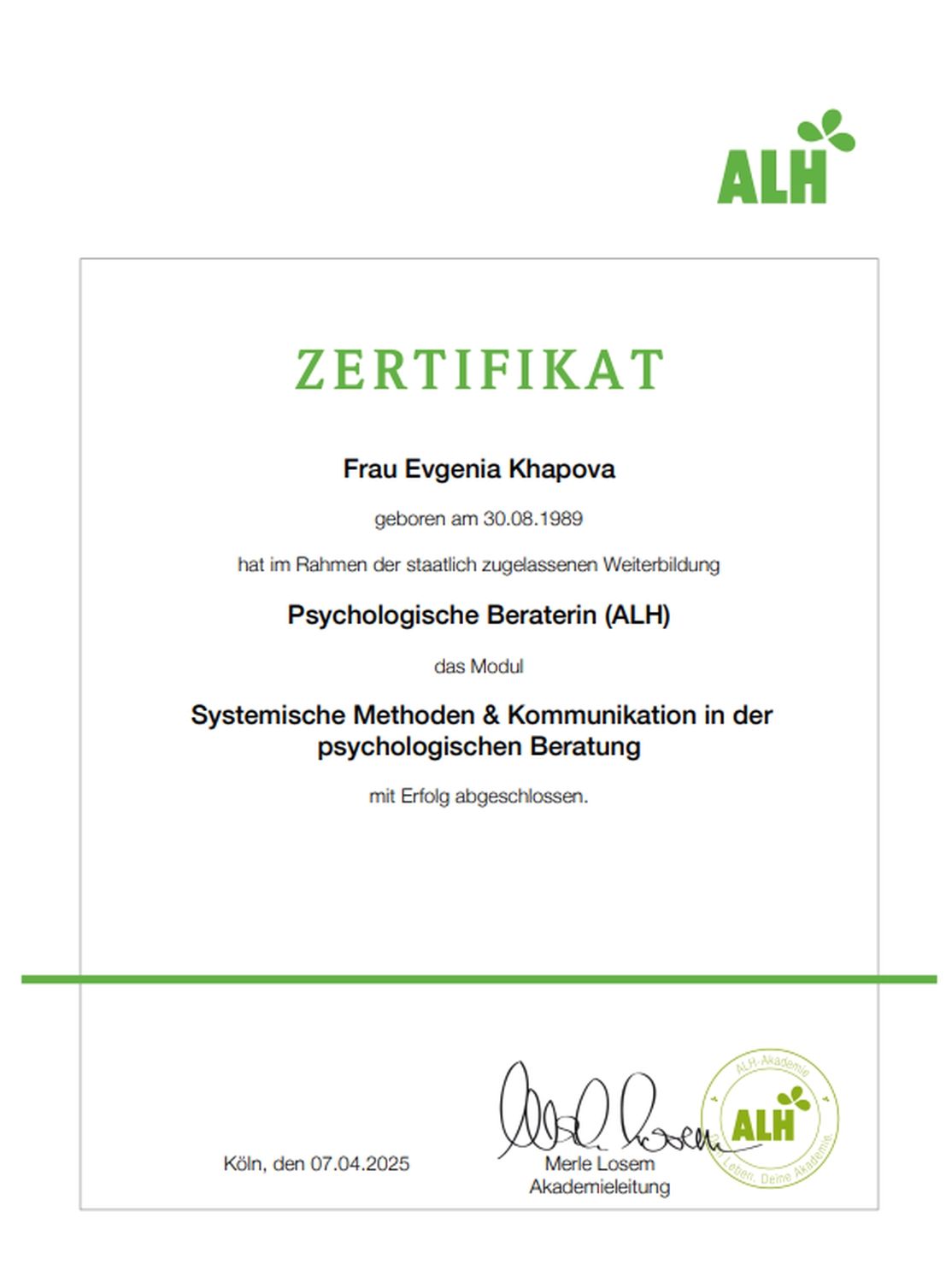 Khapova - Psychologische Beratung - Zertifikat