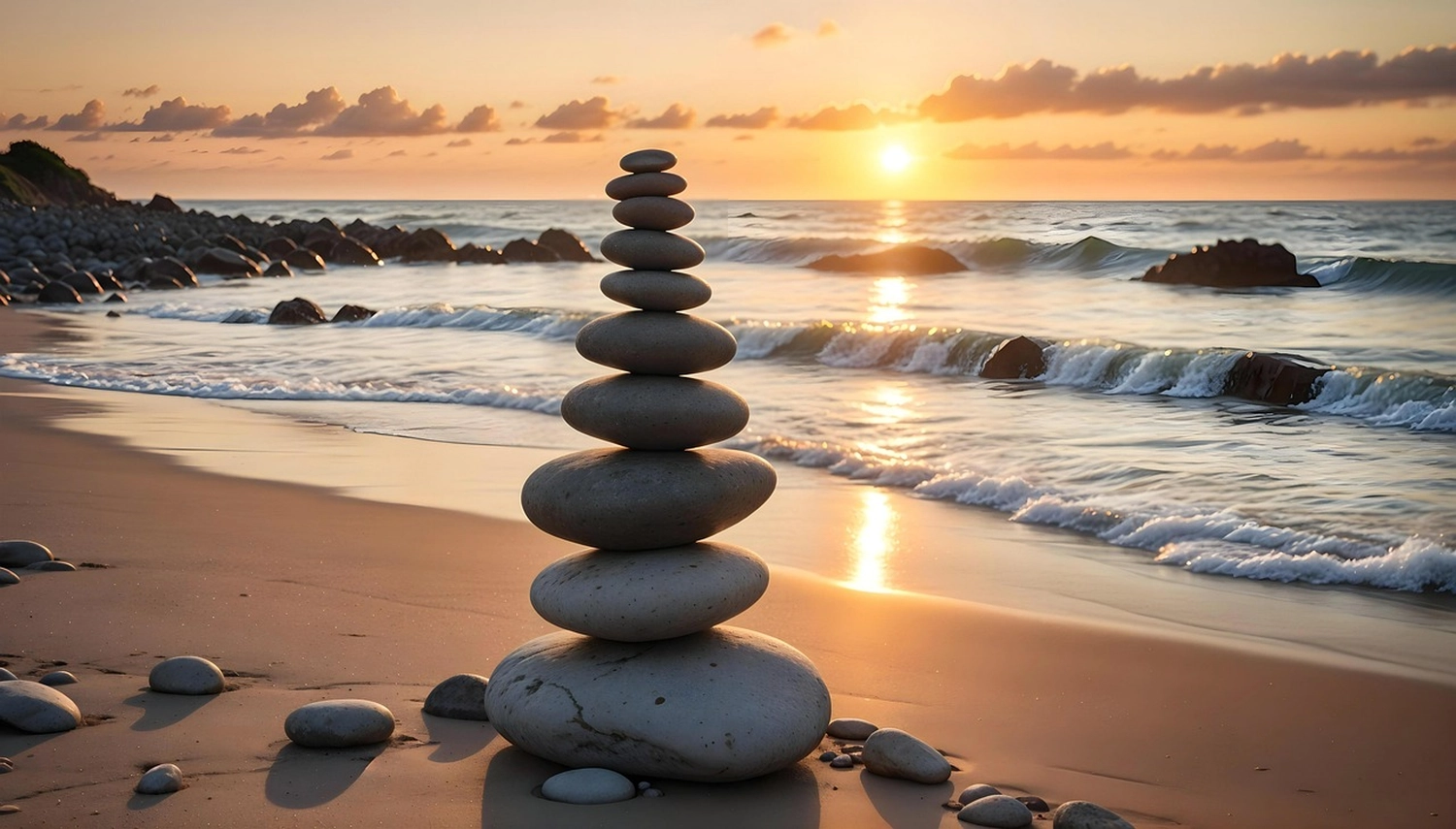 Khapova - Psychologische Beratung - Ein Stapel ausbalancierter grauer Steine ​​auf einem Sandstrand bei Sonnenuntergang, im Hintergrund die Wellen des Ozeans.