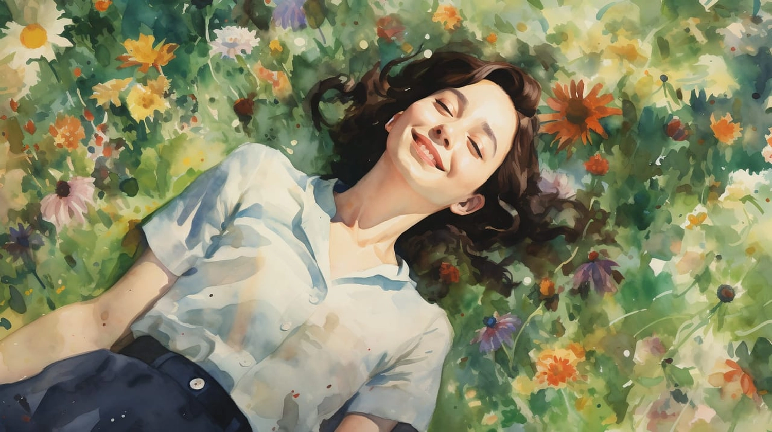 Khapova - Psychologische Beratung - Ein Aquarellgemälde einer lächelnden Frau mit geschlossenen Augen und dunklem, gewelltem Haar, die auf dem Rücken in einem Feld mit grünem Gras und bunten Wildblumen liegt.