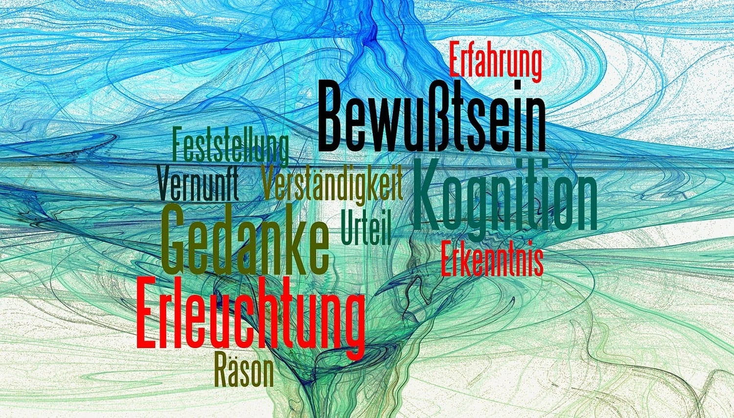 Khapova - Psychologische Beratung - Eine Wortwolke mit verschiedenen deutschen Begriffen aus den Bereichen Philosophie, Kognition und Aufklärung, die auf einem abstrakten blau-grünen Hintergrund überlagert sind.