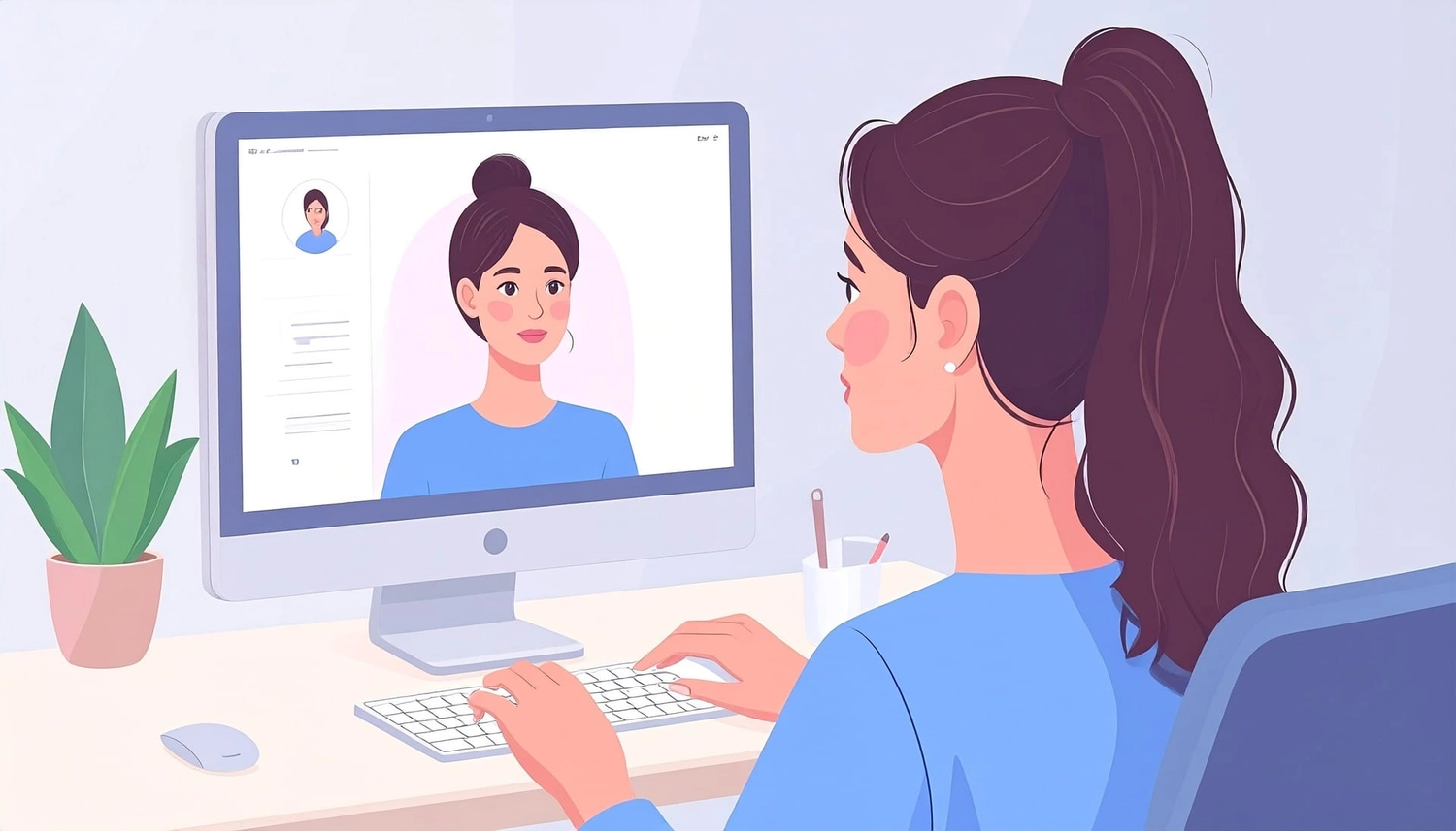 Khapova - Psychologische Beratung - Eine Frau sitzt an einem Schreibtisch und nutzt einen Computer für ein Videogespräch. Auf dem Bildschirm ist das Gesicht einer anderen Frau zu sehen, was auf ein Online-Meeting, ein Interview oder eine Beratung hindeutet.