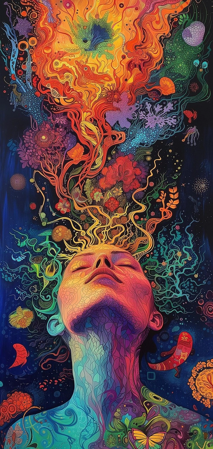 Khapova - Psychologische Beratung - Das Gesicht einer Person mit geschlossenen Augen, von unten betrachtet, mit lebhaften, farbenfrohen psychedelischen Bildern von Blumen und abstrakten Formen, die aus ihrem Geist zu explodieren scheinen.